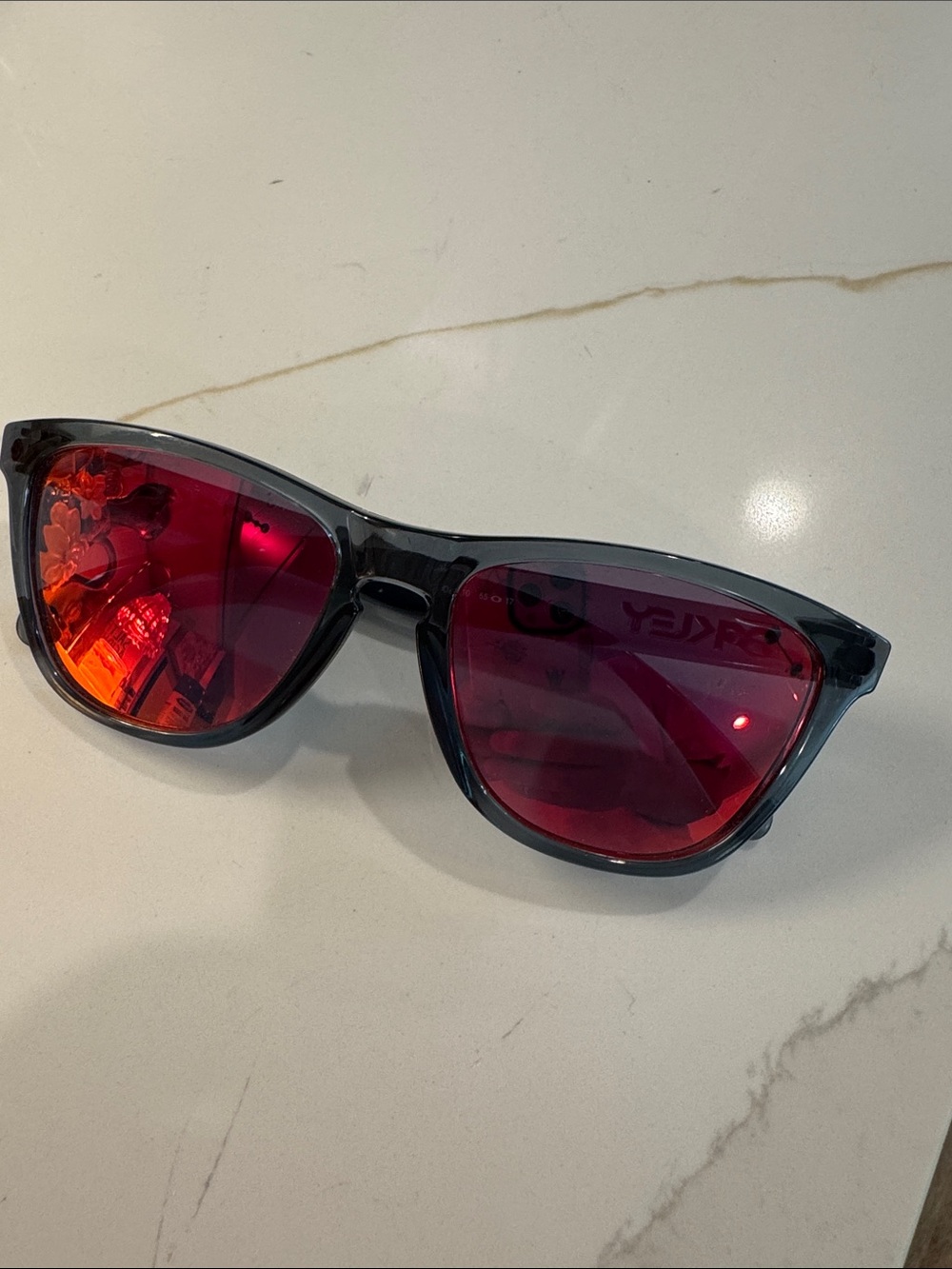 Oakley Oakley Frogskins Gray Frame Sunglasses with pinkish orange-red Lenses